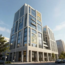 beautiful modern building in city with high detail, 8 k, stunning detail, works by artgerm, greg rutkowski and alphonse mucha, unreal engine 5, 4 k uhd