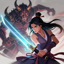 , woman with neon sword fighting a horned demon, digital effects glowing ,digital art, illustration,  closeup, stylized, cel shaded