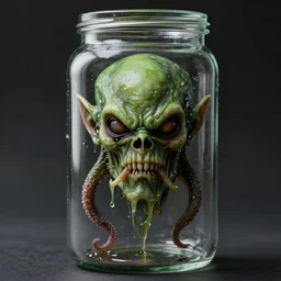 Cthulhu face floating in glass jar, ultra realistic, green wet skin, slimy, tentacles, highly detailed, lovecraftian