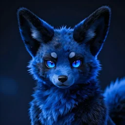 blue fennec furry anthro facing camera black hair black fur blue eyes neon dark portrait background detailed trending coherent face