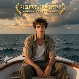 young man sitting on boat in the ocean, photorealistic rendering, hyperreal, photography