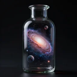 a glass bottle on a dark background, with galaxies, planets and stars inside the bottle, digital art, octane render, dramatic, apocalyptic, cinematic rendering, 8 k