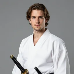 man of average build. Light skin and medium wavy brown hair swept over his ears. Some light stubble on his face. He wears a white yukata and carries a katana. Craig Mullins. Portrait. featured on artstation. Handsome