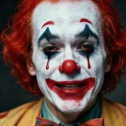 A masterpiece head and shoulders portrait of a circus clown crying tears of red blood