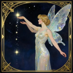 a woman with glass wings, pouring stars into outer space. illustrated in an art deco style by georges lepape and an elegant border by tamara de lempicka | studio lighting | digital painting, stunning lighting, trending on artstation