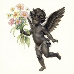 highly detailed japanese watercolor painting of a black cherub carrying flowers, intricate, elegant, digital painting, artstation, in the style of kehinde wiley, krenz cushart, artem demura