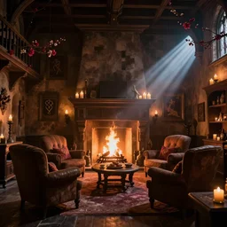 A photograph of the Gryffindor common room, cozy arm chairs, a fire burning in the hearth, high ceilings, lit by many candles, light rays, magic aura, bloom, mysterious