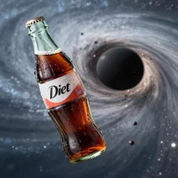 a bottle of Diet Coke floating in space with a black hole sitting behind it