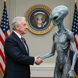 The President of the United States shaking hands with a sinister grey space alien, official portrait