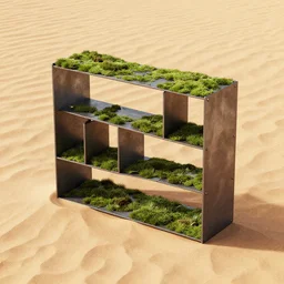 bookcase made of rectangle tetris, made of steel and moss, octane render, trending on artstation, on hard desert sand floor