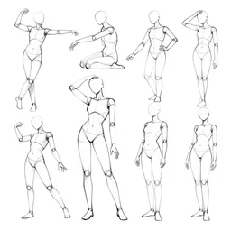 full page of human pose explorations, line of action, still life, pose model, character exploration, character sheet, pose expression