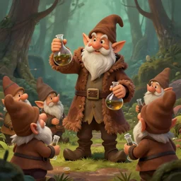 evil alchemist gnome, brown tuffle coat, flasks in hands, giving flasks to other gnomes, dnd, forest background, matte painting, midjourney
