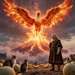 by barthel bruyn the elder and senior character artist, visually stunning, cinematic, ultra realistic, hyper realism, 1 2 k, epic, octane render, unreal engine, vfx, maya, a phoenix giving the illusion of an eruption, cats and cantaloupes, eruption at mount edna ( sicily ) gives the illusion of a phoenix in the sky