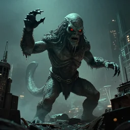 still image taken from sci fi horror movie of a cthulhu attacking a city. low camera angle. color photograph, 1 9 7 0 s.