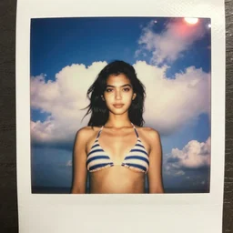 weathered old analog polaroid portrait photograph of a beautiful young woman wearing a vintage striped bikini, summer, azure sky, big clouds visible, lensflare, sunlight, glare, depth of field, bokeh, filmgrain, red color bleed