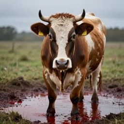 a cow standing in a pool of blood, staring at you ominously