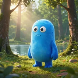 a blue slime creature in a forest near a lake at sunrise, hyperrealistic, concept art, photorealistic, octane render, unreal engine 5, path traced, highly detailed, high quality, 8K, soft lighting, geometric, sunrays, trending on Artstation, soft lighting, Pixar style