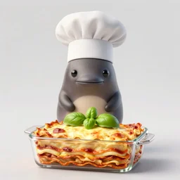 platypus with a chef hat cooking a lasagna with three basil leaves over the lasagna
