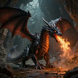 fantasy black dragon living in huge cave, lots of details, fire breath, 3 d octane