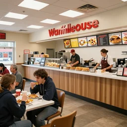 busy wafflehouse interior with customers eating breakfast and wafflehouse employees serving food and cooking behind countertop bar