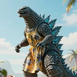 Godzilla wearing a summer dress Highly Detailed, Photorealism, HD quality, 8k resolution, cinema 4d, 3D, unreal engine 5, high quality, beautiful, cinematic —ar 16:9