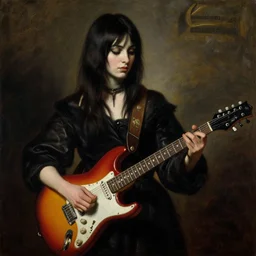 Goth girl playing electric guitar by Mario Testino, oil painting by Caravaggio and Tintoretto