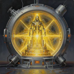 painting of a ai time travel machine, hearth of the machine in cyberpunk style, symmetrical, golden ratio, energy core, cybernetic shrine, robot religion, realistic shaded lighting, magali villeneuve, artgerm, rutkowski