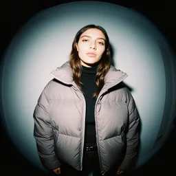 realistic! photoshoot for a new balenciaga lookbook, color film photography, portrait of a beautiful woman wearing a puffer jacket, photo in style of tyler mitchell, fisheye lens