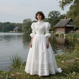 photo, inspired by zdzisław beksinski, long shot, woman posing, short wavy hair, round face, intricate white dress, lakeside, cottagecore!!, intricate, enlightened, highly detailed, smooth, sharp focus, inspired by artgerm, by marat safin, and alphonse mucha