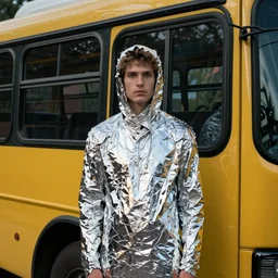 man wrapped in foil standing on yellow buss cenimatic dark photography