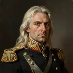 Portrait painting commission of Emperor Varis, stern and severe military officer, middle aged Germanic nobility, angular face, long platinum blonde hair, featured on artstation, cinematic chiaroscuro, digital art by Leyendecker and Norman Rockwell