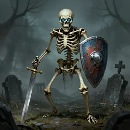 a shambling skeleton holding a chipped sword and damaged shield with glowing blue eyes standing in a graveyard, concept art by senior character artist, featured on artstation, shock art, apocalypse art, concept art