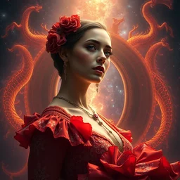 ( hyperrealist distant portrait of a woman dressed as a flamenco and a portal of dragons, in the background the universe. ) by anato finnstark, dynamic lighting, beautiful, trending on artstation, wallpaper, 4 k, award winning, digital art, very detailed