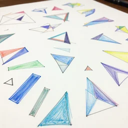 perspective view of a huge sheet of paper on which are drawn geometric shapes of various sizes and colours. triangles
