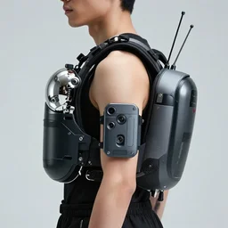 Close upper body shot. Artistically angled subject.  Professional studio portrait lighting. Technological fashion photography. Mechanical wearables designed by Ikeuchi Hiroto. Hydraulics. Reflective domes. Bulky wearables. Receiver Antennae.