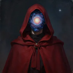 painting of a man in a dark red hooded cloak with the universe as his face, fantasy, artstation, cgsociety, ultra high detail, stylized, centered, medium shot