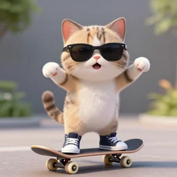 a cat standing on its back legs, wearing high top sneakers and sunglasses, riding a skateboard, highly detailed, sharp focus, cute and funny, pixar