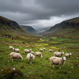 beautiful irish landscape with sheeps, trending on artstation, octane, moody lighting, vibrant colors, ultrarealism