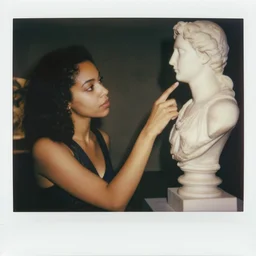 jamel shabazz polaroid of a woman inspecting a sculpture by leonora carrington