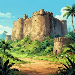 close zouk fabric wall fortress countryside jungle dirt a spectacular view cinematic comic book illustration, by john kirby