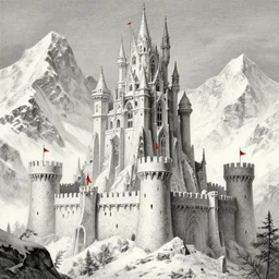 a very tall epic gothic castle built under epic massive snow covered mountains, its walls have never fallen and its red flags ever beautiful, built of large heavy white stones, dnd card art, fantasy comics, pencil drawing, hyper detailed, extremely complex, hyper realistic, intricate classic art, old painting, great works of the masters, rembrandt and leonardo da vinci by greg rutkowski, sung choi,