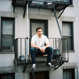 a 35mm photograph of a man sitting on a fire escape in New York City in the 1960's at sunset, bokeh, Canon 50mm, cinematic lighting, photography, retro, film, Kodachrome, award-winning, rule of thirds, golden hour