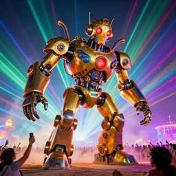 scene is burning man festival, portrait photo of a stagediving giant huge golden and blue metal futuristic steampunk robot, with gears and tubes, eyes are glowing red lightbulbs, audience selfie, shiny crisp finish, 3 d render, 8 k, insaneley detailed, fluorescent colors, haluzinogetic, background is multicolored lasershow