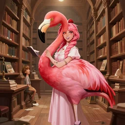 female furry anthro anthropomorphic flamingo character dressed as a librarian in an expansive library. Renowned character illustration by greg rutkowski, thomas kindkade, alphonse mucha, loish, norman rockwell. Trending on furaffinity.
