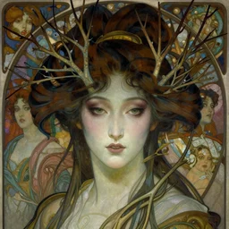 realistic detailed face portrait of a beautiful Ghostly Ethereal Haunting Geisha with bare winter branches rising out of her hair by Alphonse Mucha, Ayami Kojima, Amano, Charlie Bowater, Karol Bak, Greg Hildebrandt, Jean Delville, and Mark Brooks, Art Nouveau, Neo-Gothic, gothic, rich deep moody colors