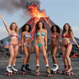 lovely detailed faces, group shot of very attractive bikini models rollerblading on an erupting volcano and having fun, sharp eyes, smile, group portrait, face close - up