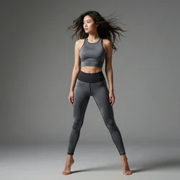 a award winning full body shot of a beautiful woman in a croptop and yoga leggings with hair flying, highly detailed, fine detail, intricate