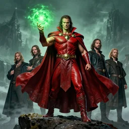 yoked buff physique Stalwart Dr. Manhattan warlock mage of the northern winds wearing a red leather cape brandishing a glowing green orb whilst standing on a cliff christopher shy leonardo da vinci Jean Sebastien Rossbach jana schirmer jeff simpson greg staples