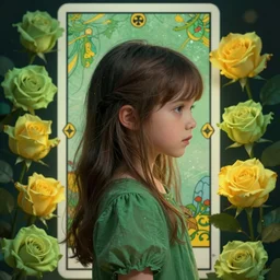 a side view portrait of 1 5 years old young and beautiful giorno giovanna, green and yellow roses fill the background, fantasy, cinematic, tarot card, golden ratio, artstation