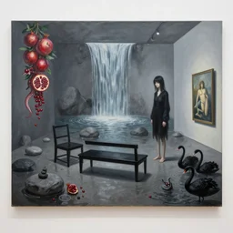 painting of a flooded gallery rooms at a nagasaki art gallery, black lounge, a tall emo girl, art gallery interior, large grey stones, a black bench chair, waterfall, sensual, pomegranates, berries, octopus, zen, black swans, surrealist, by magritte and monet